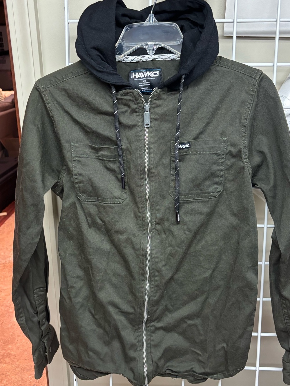 Tony Hawk Full-Zip Hooded Utility Shirt Jacket Or Shacket Size Small Green.